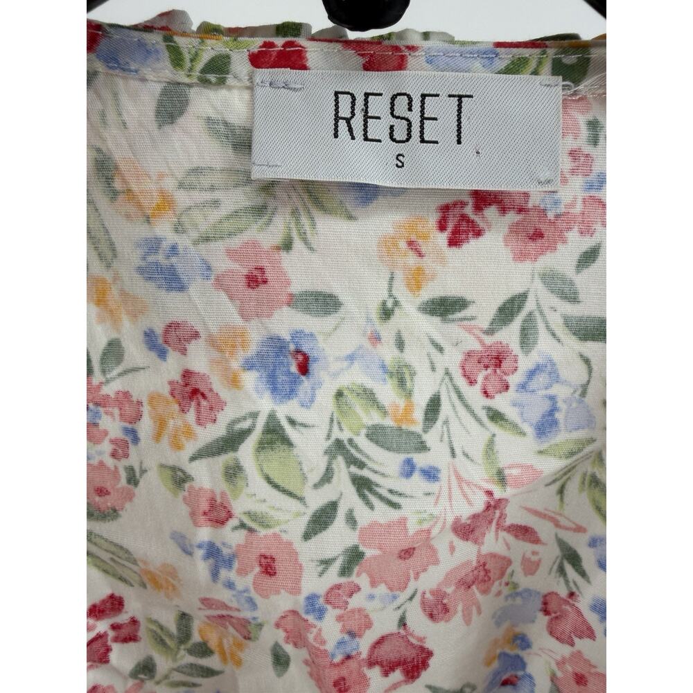 RESET Floral Print Mini Wrap Dress Womens Large White Puff Sleeve Lined - Picture 8 of 13